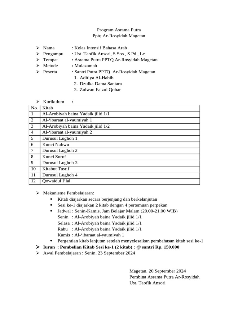 Kelas Intensif Bahasa Arab Asrama Putra | PDF