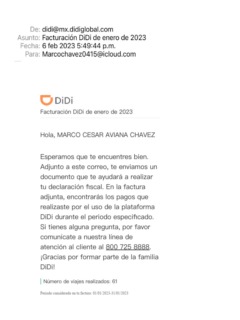 Facturación DiDi de Enero de 2023 | PDF