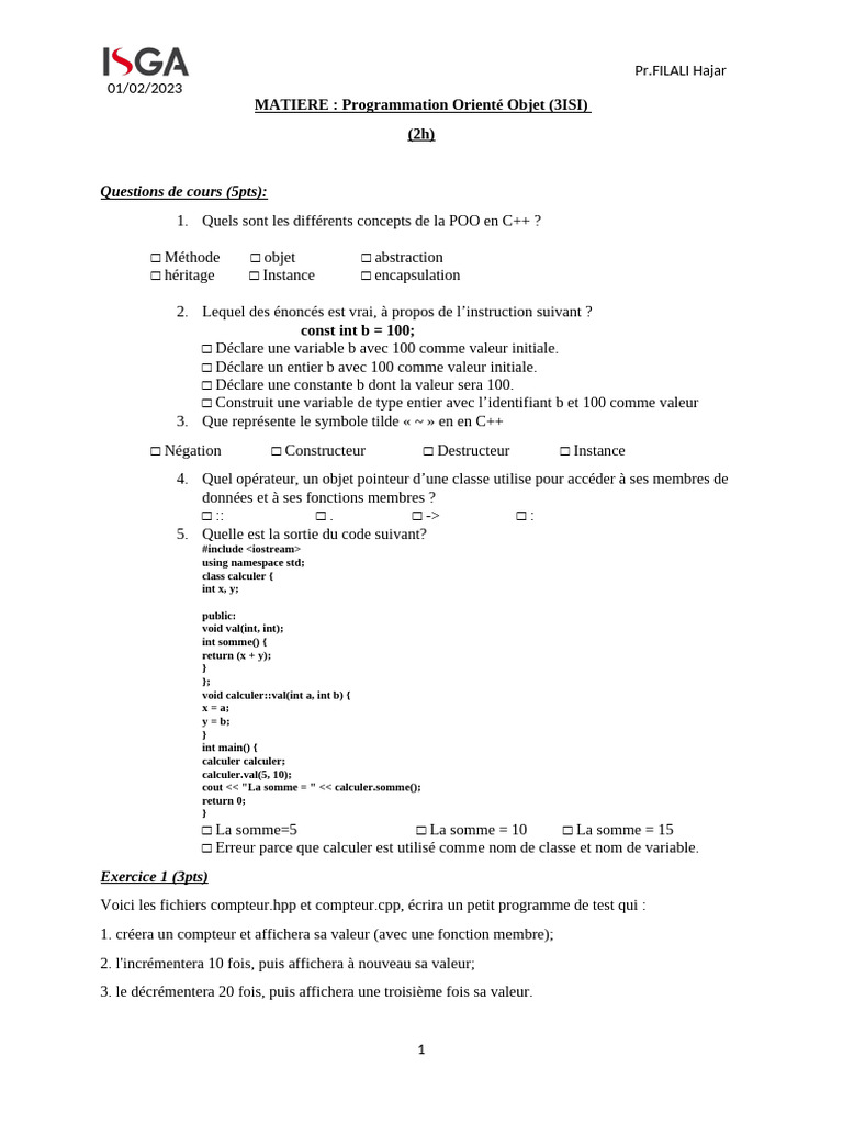 Questions sur la POO en C++ (3ISI) | PDF | C ++ | Génie logiciel