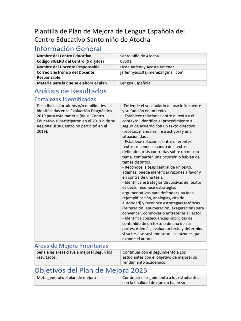 Plan de Mejora de Lengua Española | PDF