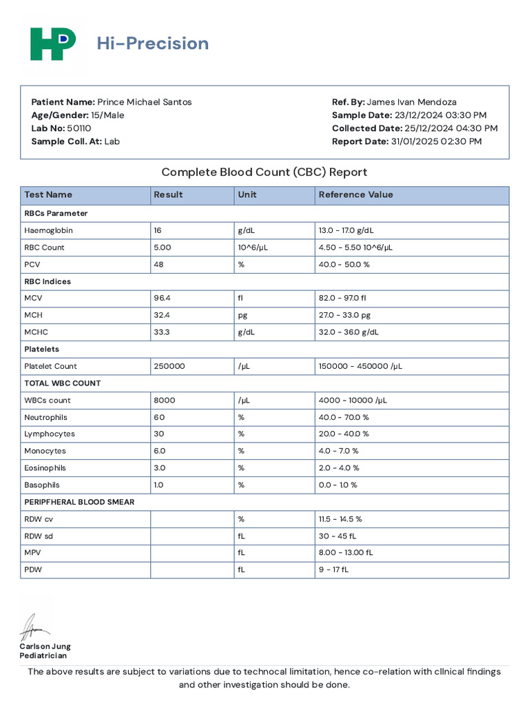 Hi-Precision: Complete Blood Count (CBC) Report | PDF