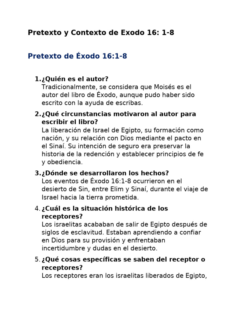 Pretexto y Contexto de Exodo 16 | PDF | Libro del éxodo | Moisés