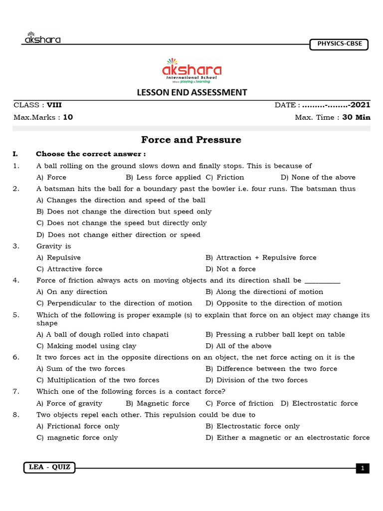 Class VIII Physics Quiz on Forces | PDF | Force | Weight