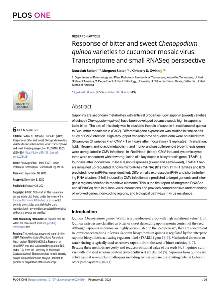 Response of Bitter and Sweet Chenopodium Quinoa Va | PDF | Rna ...