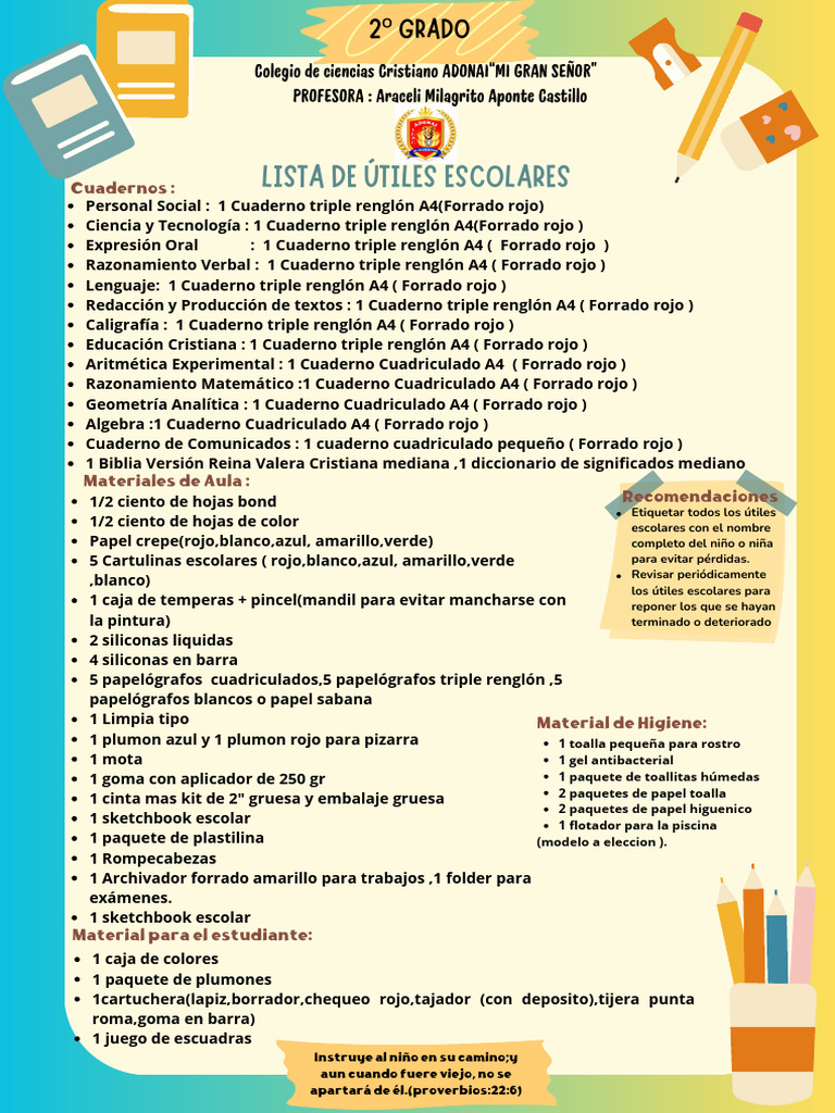 Lista de útiles escolares 2º grado | PDF