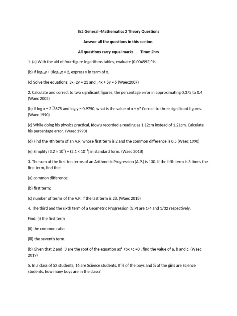 SS2 Mathematics First Term Exam Questions | PDF | Logarithm | Arithmetic