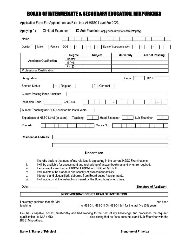 Examiner Application Form for HSSC 2023 | PDF | Educational Stages ...