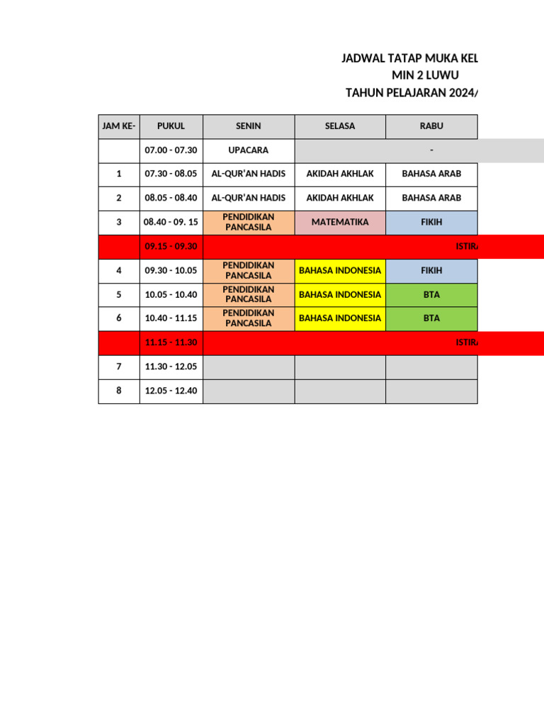 Jadwal Kelas I A MIN 2 Luwu 2024/2025 | PDF