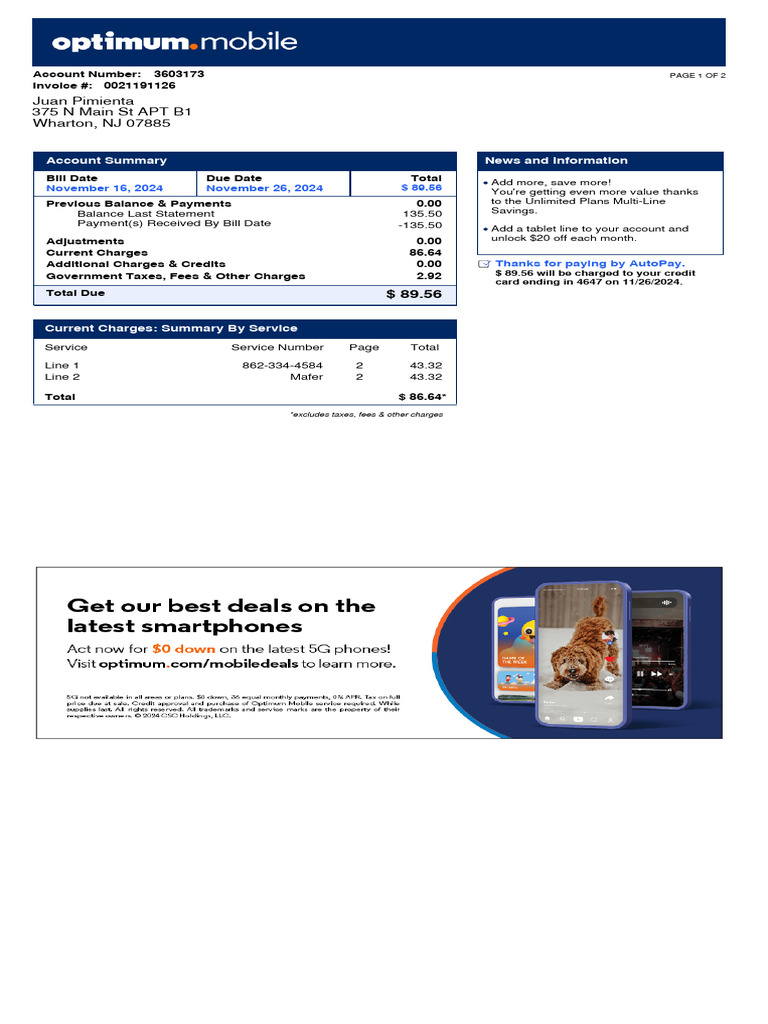 Optimum Mobile Invoice Summary for Juan Pimienta | PDF | Fee | Payments