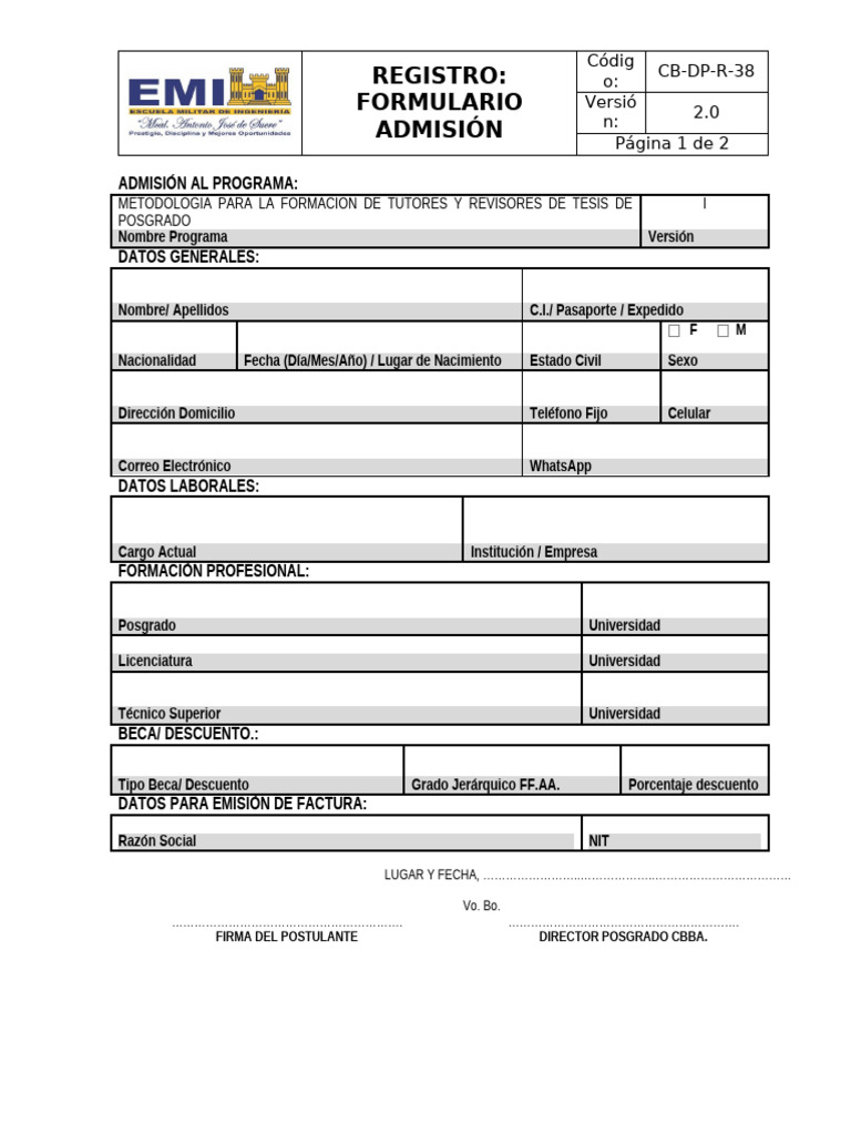 CB-DP-R-38 Formulario Admision Posgraduantes | PDF | Etapas educativas