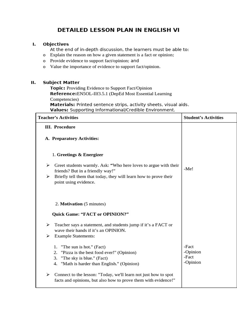 Detailed Lesson Plan in English Vi-Q3-W9-D2 | PDF | Lesson Plan | Learning