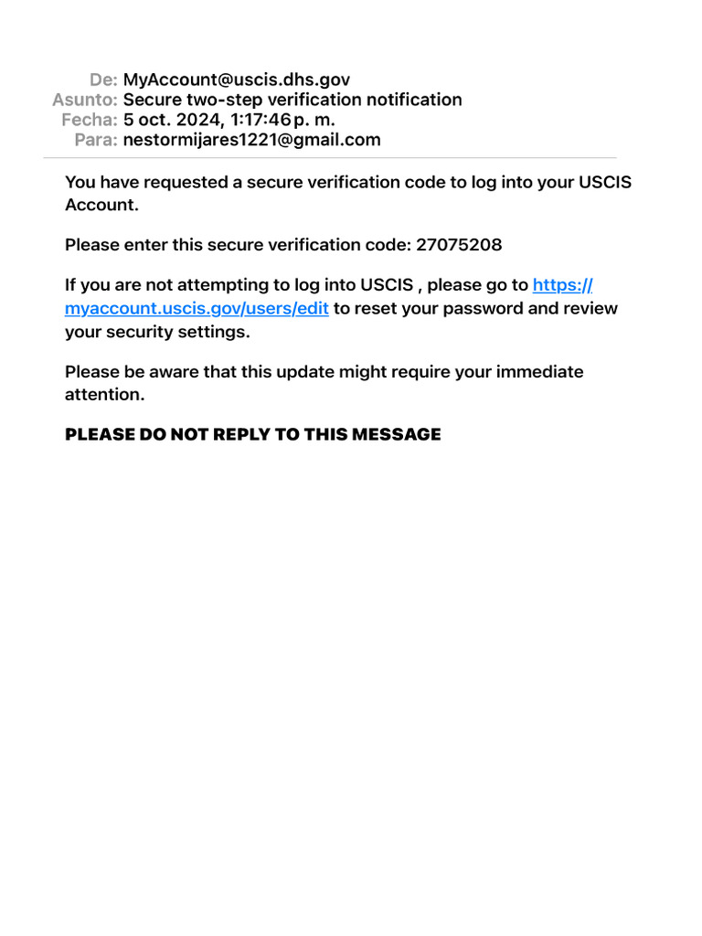 USCIS Account Verification Code Notice | PDF