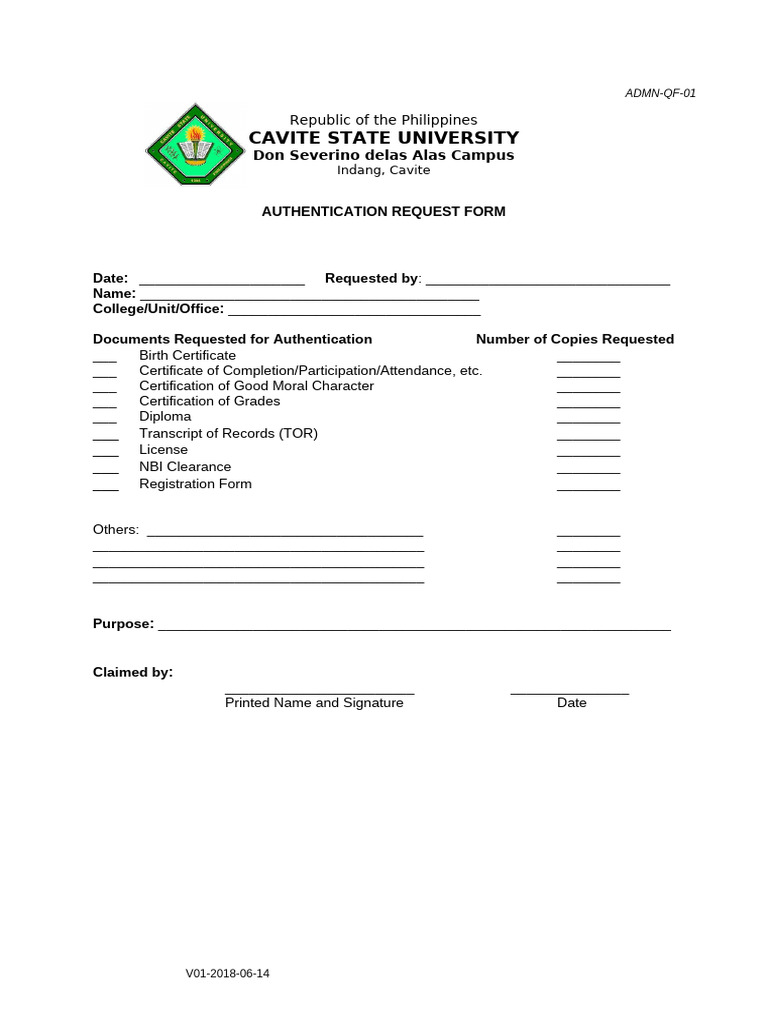 ADMN-QF-01 Authentication Request Form | PDF