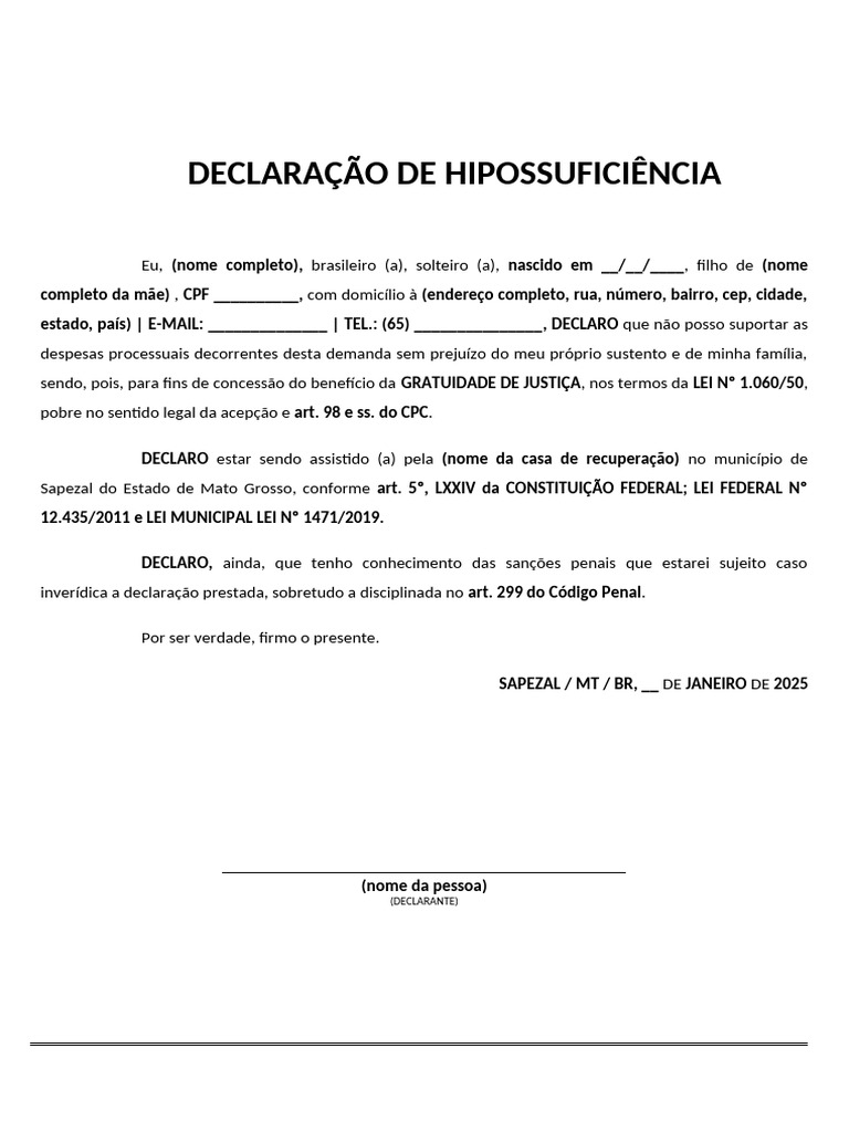 Declaração de Hipossuficiência Legal | PDF