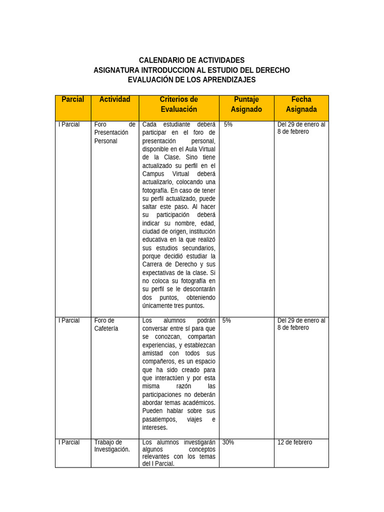 Calendario de Actividades | PDF | Aprendizaje