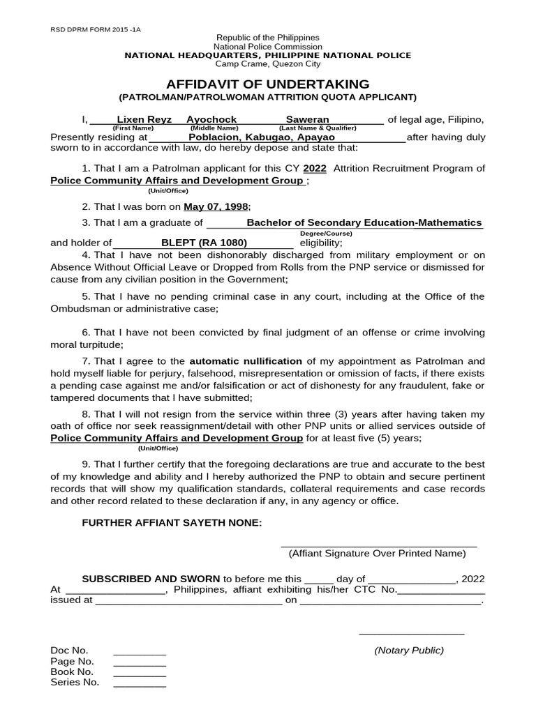 Patrolman Attrition Quota Affidavit 2022 | PDF | Affidavit | Legal ...