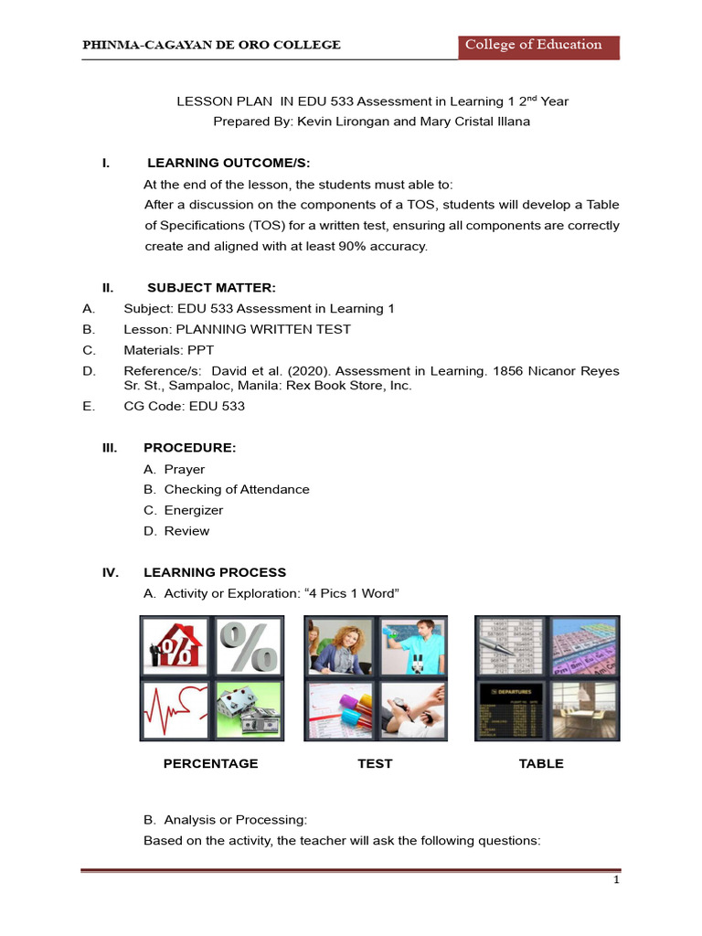 Lesson Plan for TOS in Assessment | PDF | Multiple Choice | Educational ...