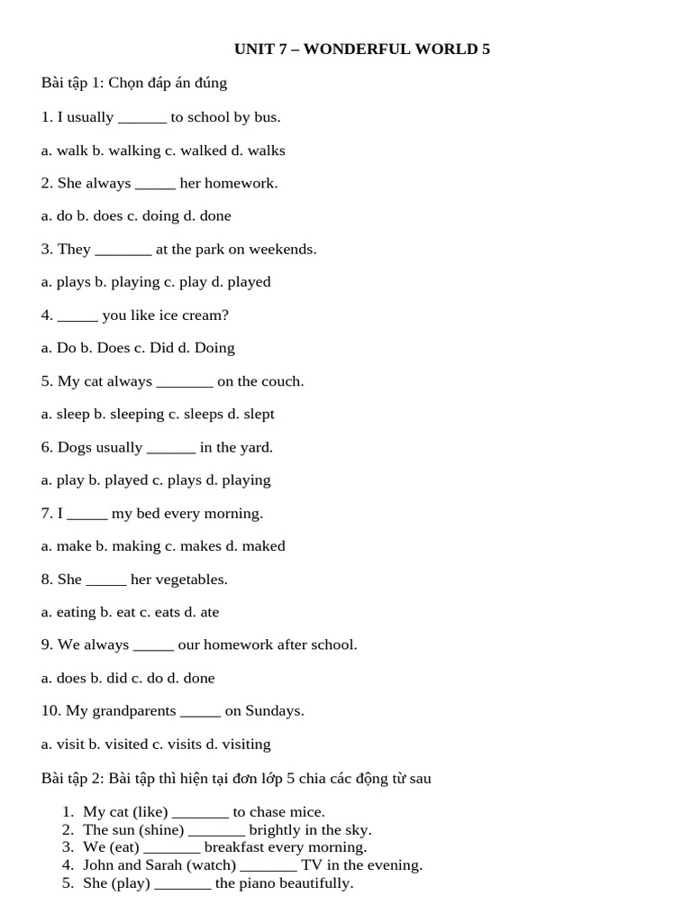 Unit 7 Exercises for Wonderful World 5 | PDF