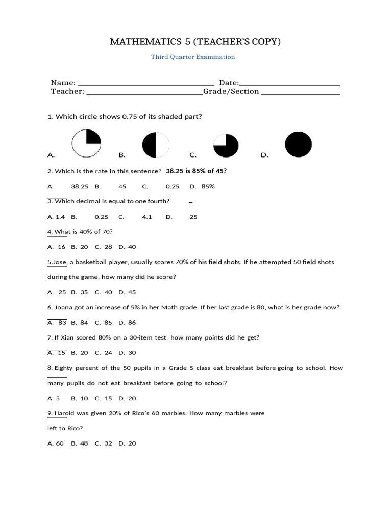 Grade 5 Math Exam: Percentages & Polygons | PDF | Circle | Triangle