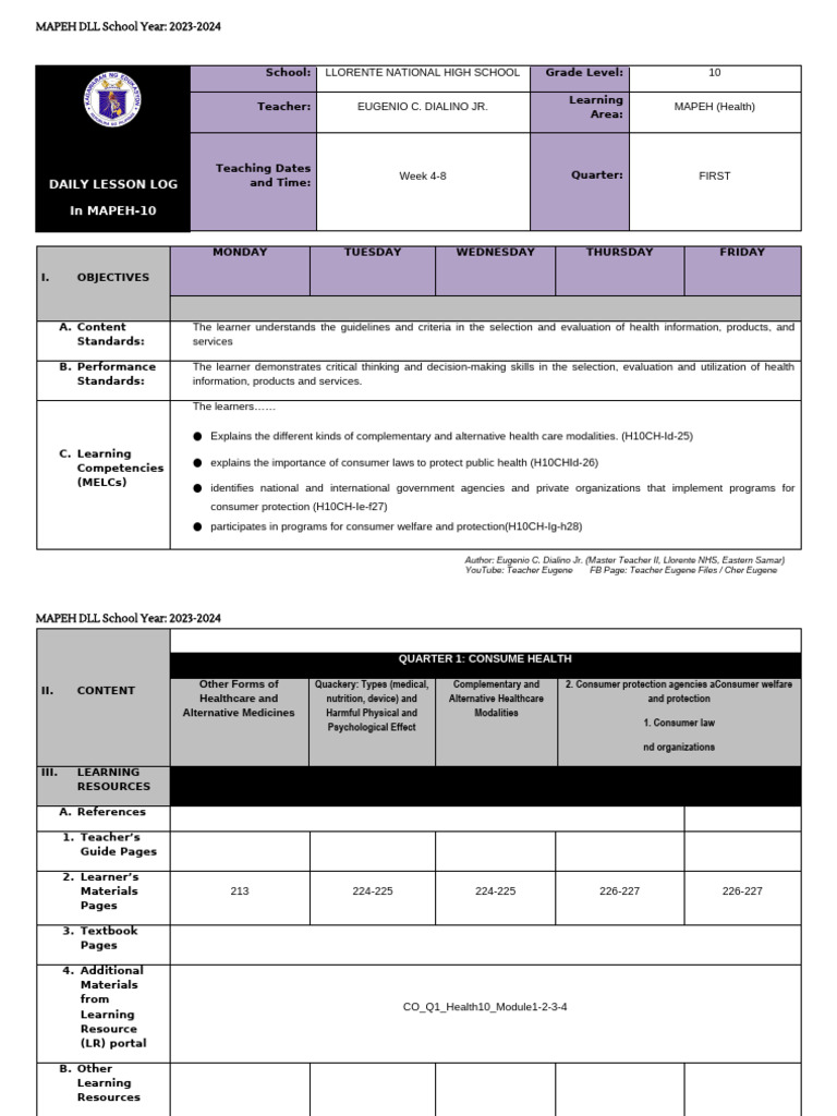 MAPEH 10 Daily Lesson Log 2023-2024 | PDF | Alternative Medicine | Learning