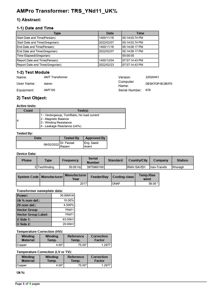 AMPro Transformer Test Report Summary | PDF | Transformer ...