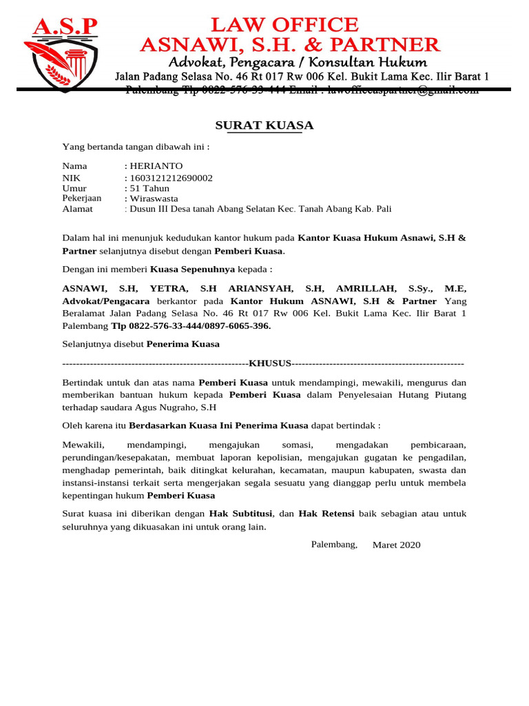 Surat Kuasa Penagihan Hutang Piutang | PDF