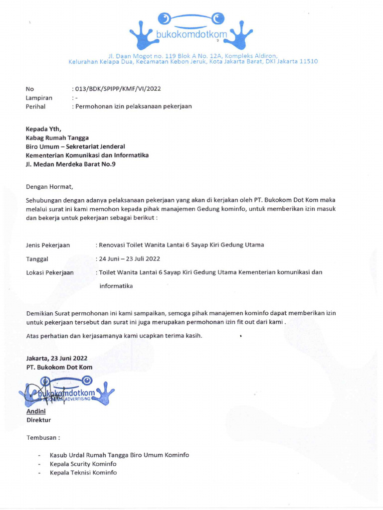 Surat Permohonan Izin PT Bukokom Dot Kom | PDF