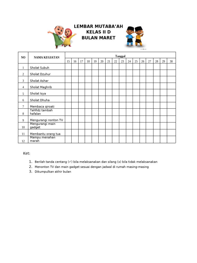 Lembar Mutaba'ah Kelas II D Maret | PDF