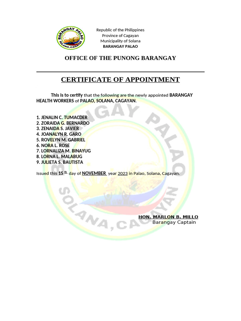 Appointment of Barangay Health Workers | PDF