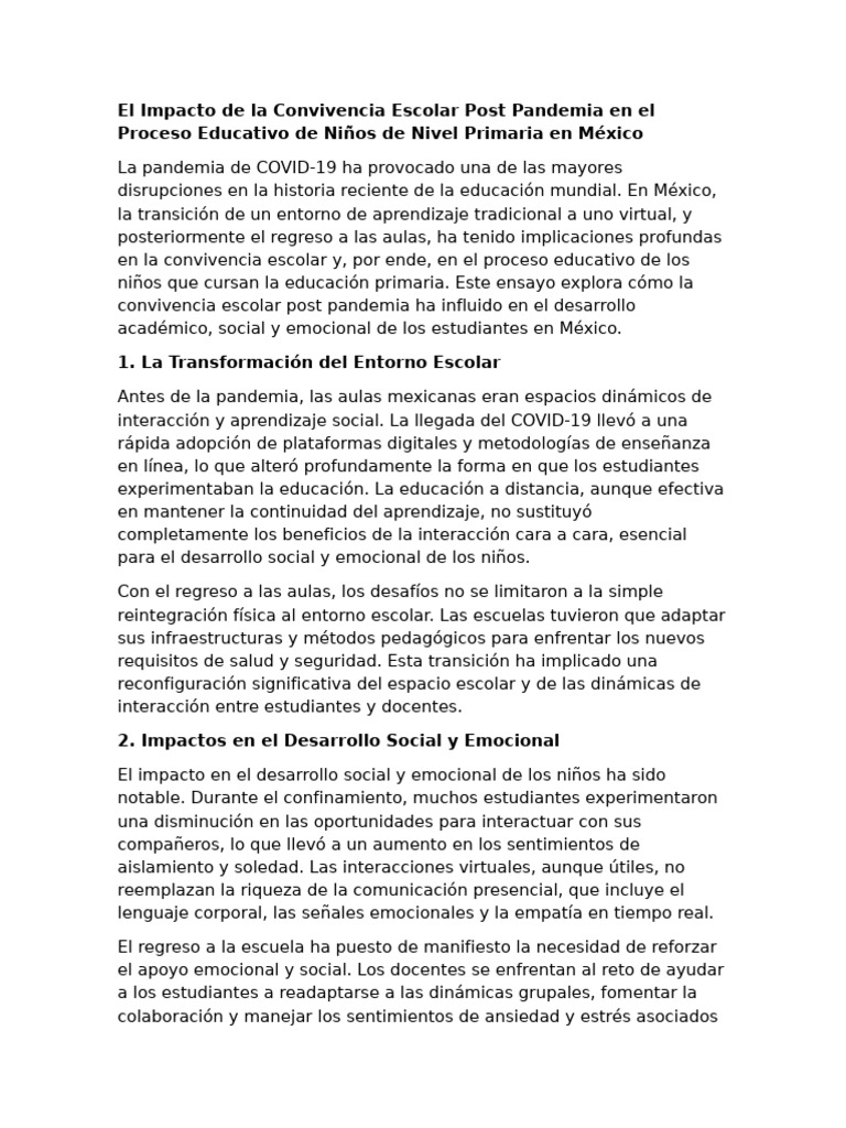El Impacto de La Convivencia Escolar Post Pandemia en El Proceso ...