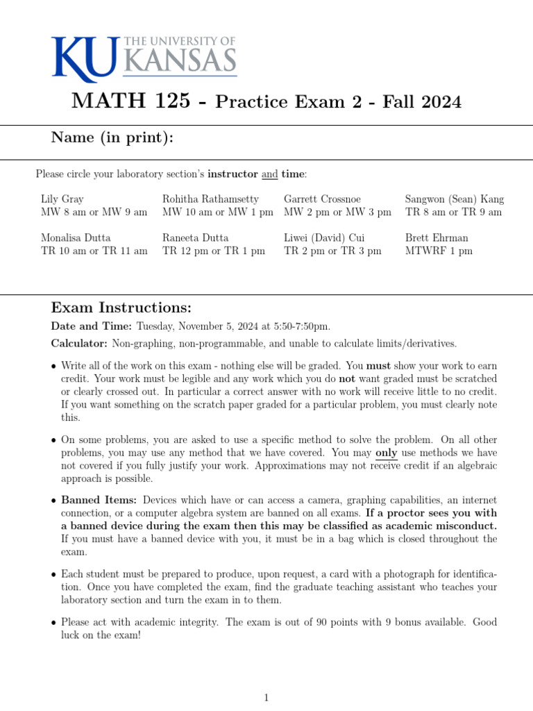 MATH+125+Practice+Exam+2+ +Fall+2024+%28blank%29 | PDF | Mathematics