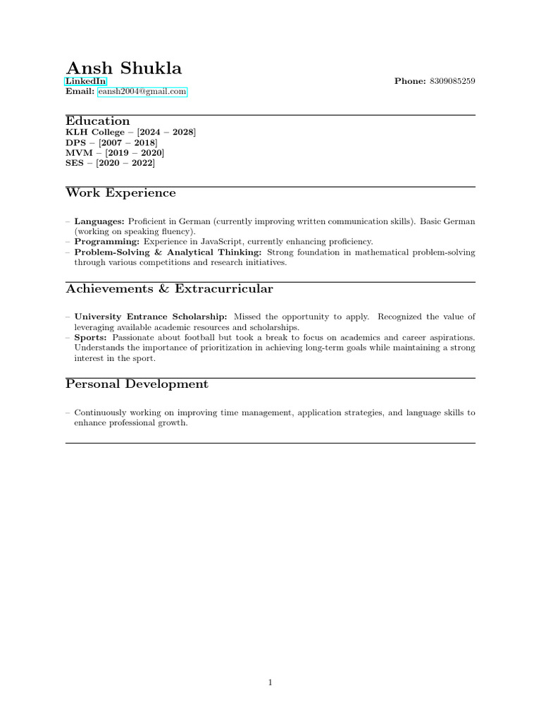 Ansh Shukla: Academic and Career Profile | PDF