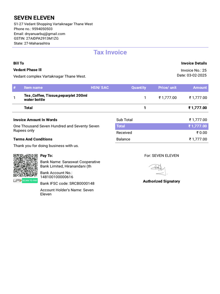 Seven Eleven Tax Invoice #25 | PDF