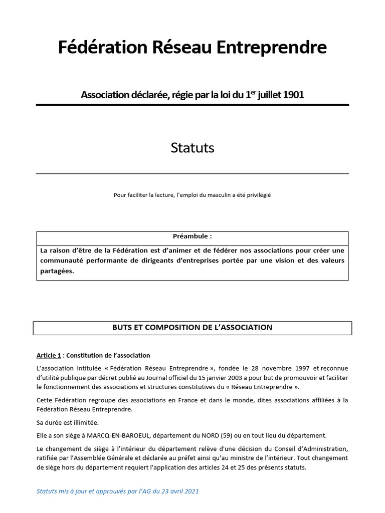 Statuts de la Fédération Réseau Entreprendre | PDF | Vote | Conseil d ...