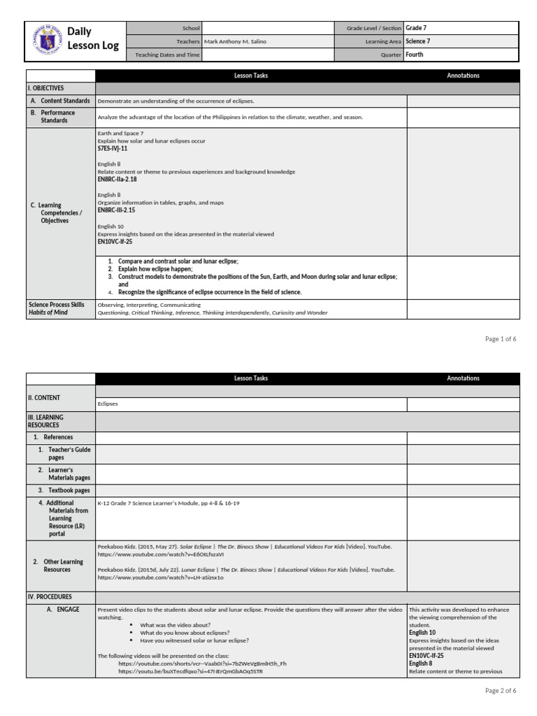 Grade 7 Science: Understanding Eclipses | PDF | Eclipse | Moon