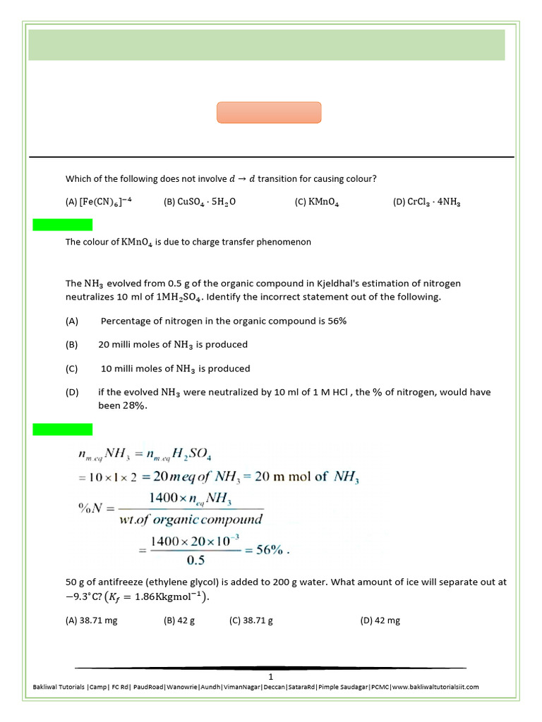 C25 BTTS-11 (Mains) Chemistry Paper-1 | PDF | Chemical Equilibrium ...
