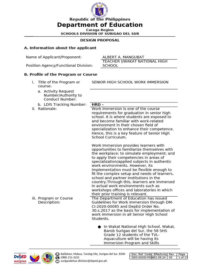Senior High School Work Immersion Plan | PDF | Cognition | Learning