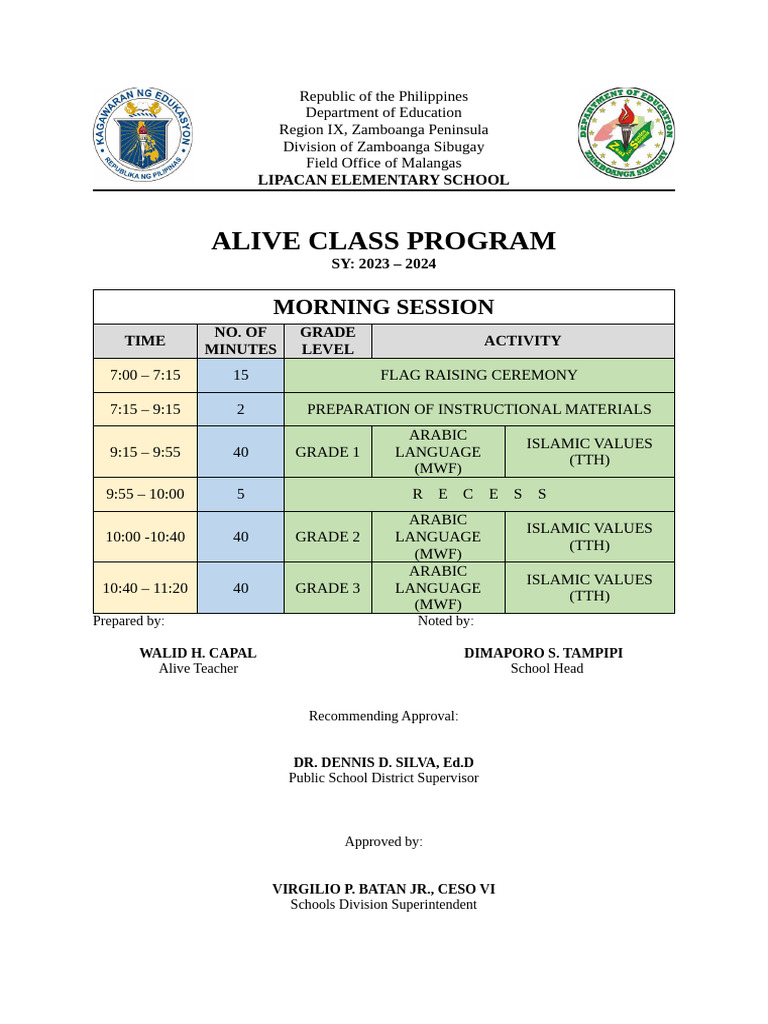 Lipacan Elementary School ALIVE Program Schedule | PDF