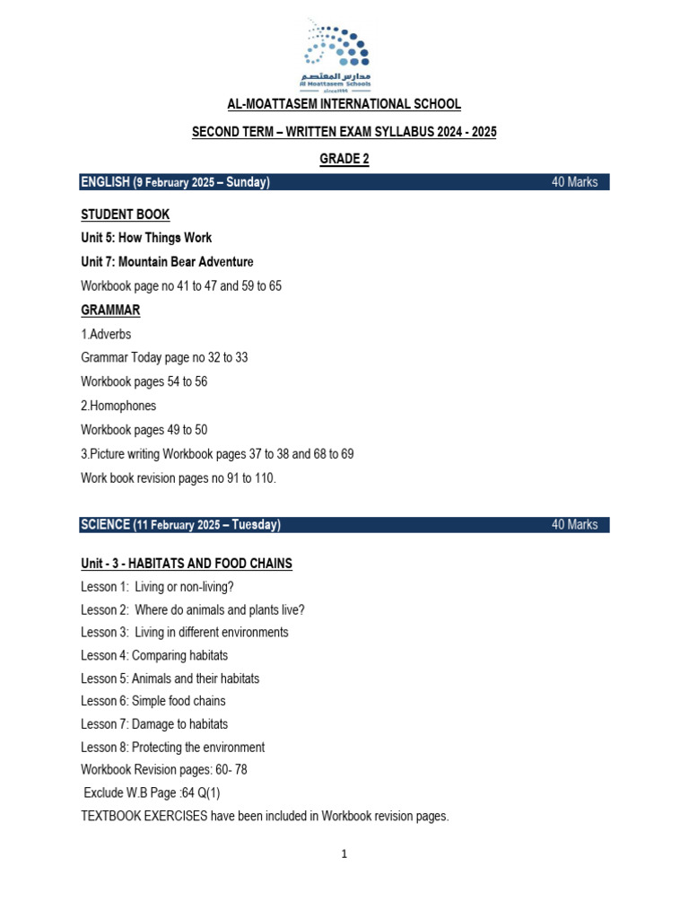 Grade 2 Exam Syllabus 2024-2025 | PDF