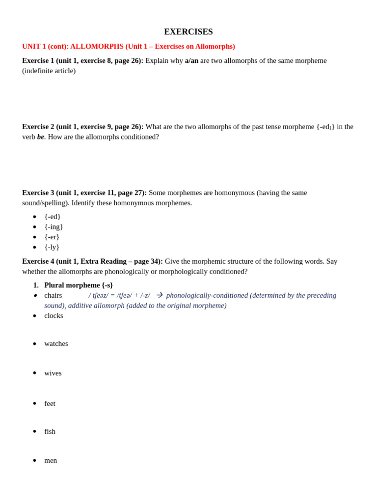 Allomorphs and Morphology Exercises | PDF | Syntactic Relationships ...