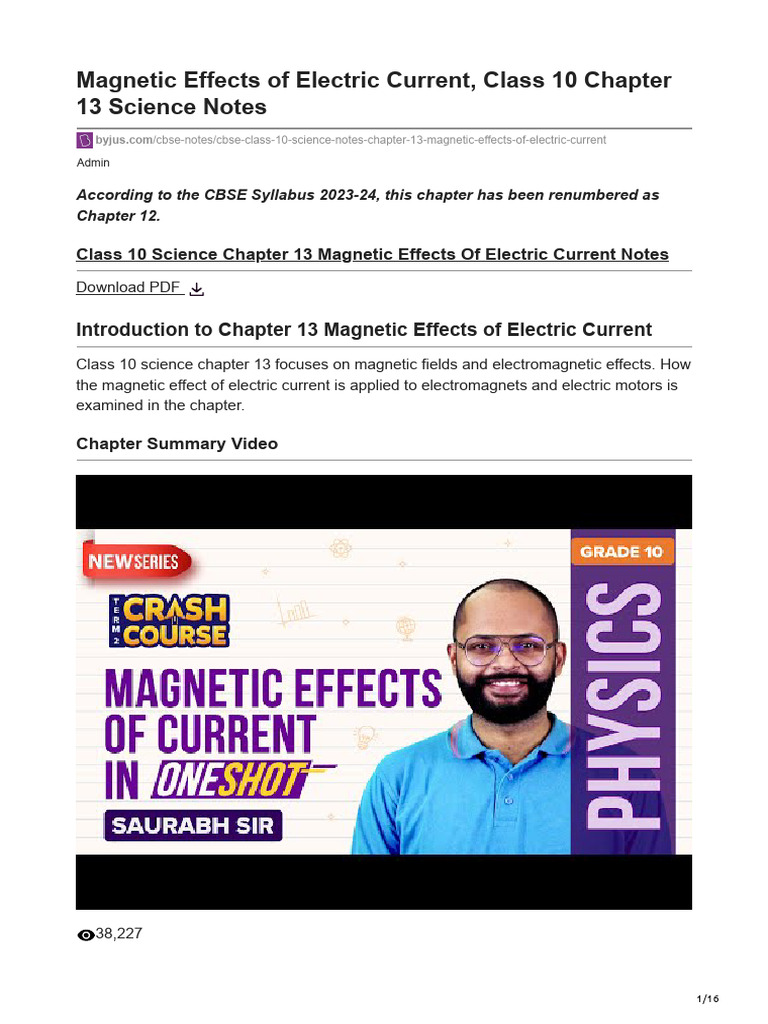 Magnetic Effects of Electric Current Notes | PDF | Electromagnetic ...