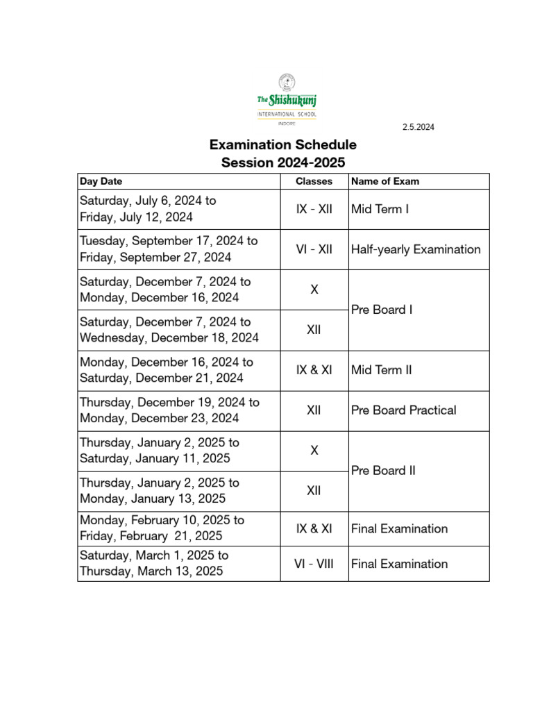 2024-2025 Exam Schedule Overview | PDF