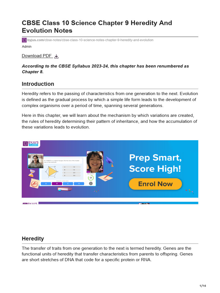 Class 10 Heredity and Evolution Notes | PDF | Heredity | Dominance ...