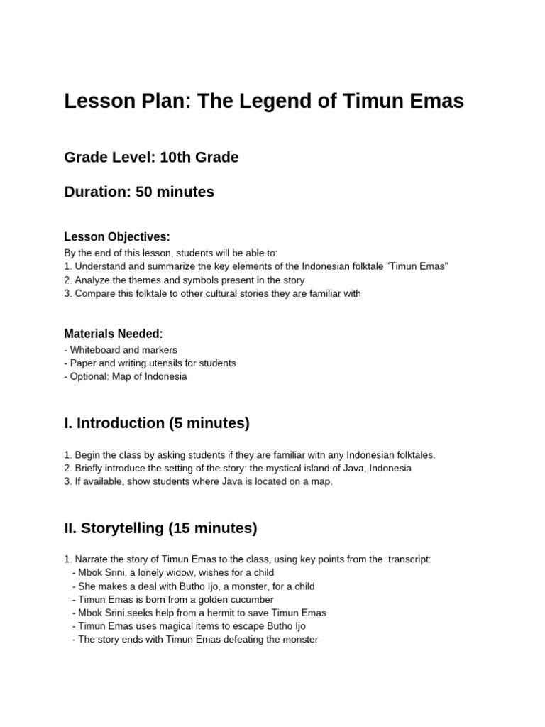 Timun Emas Folktale Lesson Plan | PDF