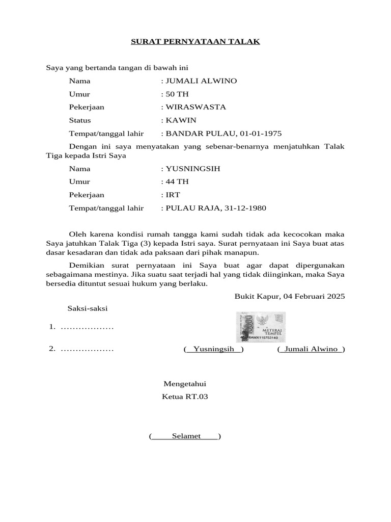 Surat Talak Tiga Jumali Alwino | PDF