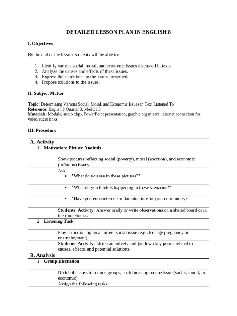 English 8 Lesson Plan: Social Issues | PDF | Cognitive Science | Human ...