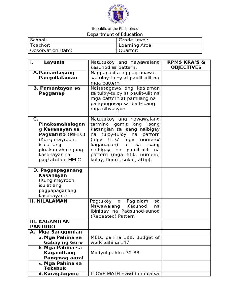 Repeated pattern esson plan dll format with indicators pdf