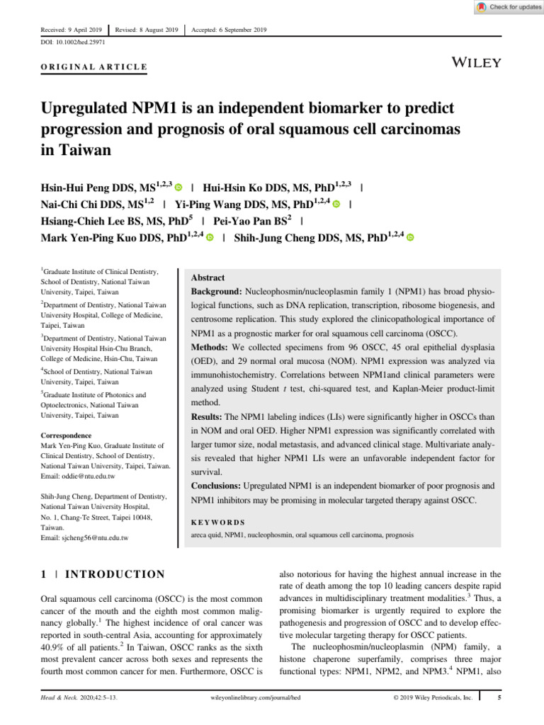 Head Neck - 2019 - Peng - Upregulated NPM1 Is An Independent Biomarker ...