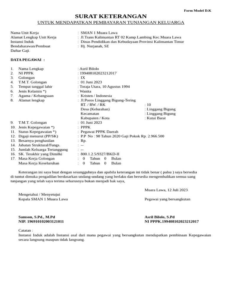 Surat Keterangan Tunjangan Keluarga PPPK | PDF