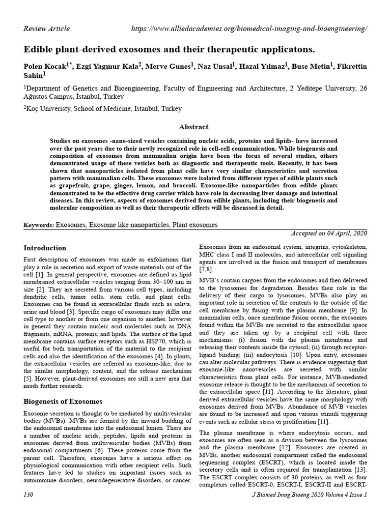 Edible Plantderived Exosomes and Their Therapeutic Applicatons | PDF ...